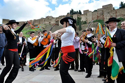 Verdiales folk group seen from Calle Alcazabilla, near our hotel